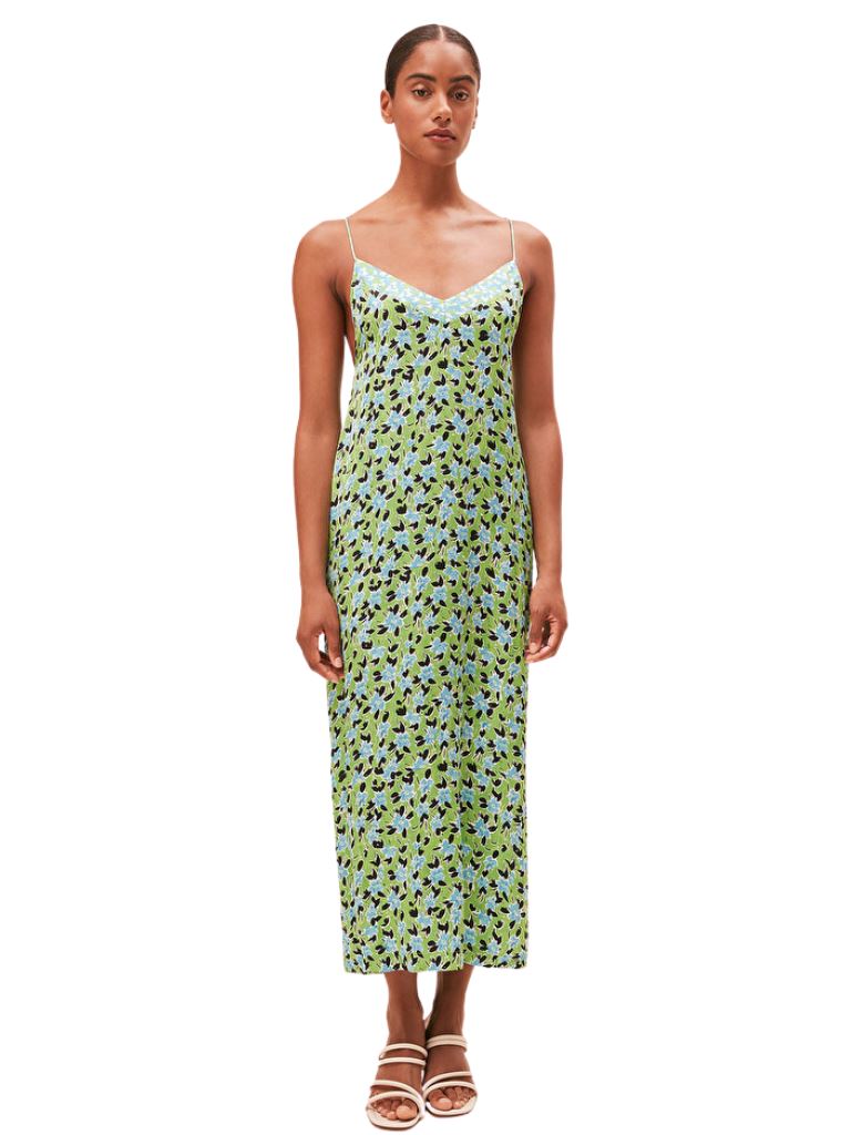 suncoo dress green Suncoo Chelsy Backless Satin Slip Dress- Green Floral Print Styleartist