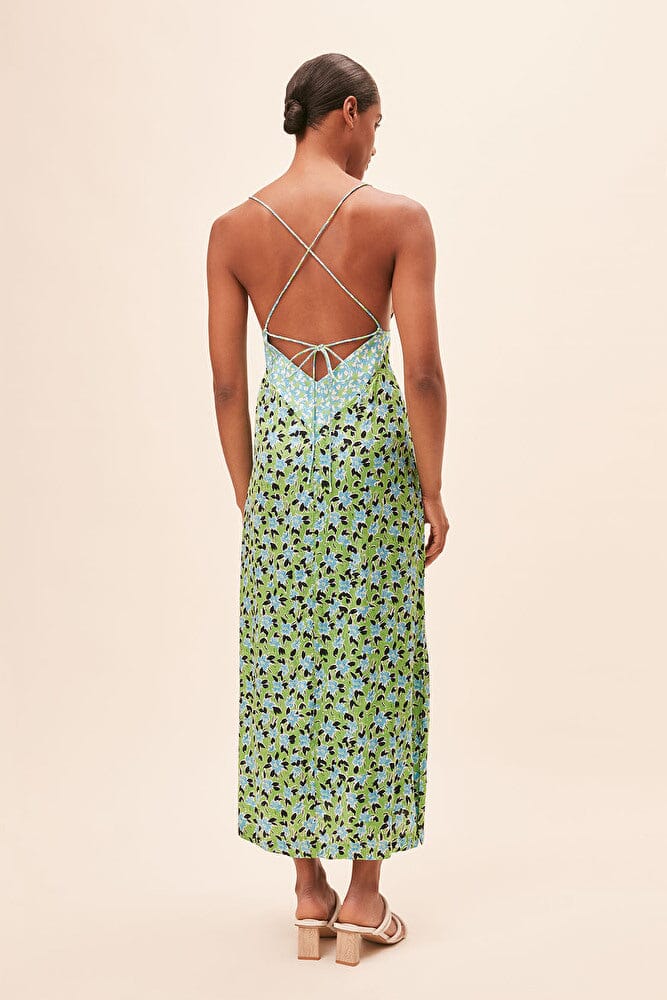 Suncoo Chelsy Backless Satin Slip Dress- Green Floral Print Styleartist Suncoo Chelsy Backless Satin Slip Dress- Green Floral Print Styleartist