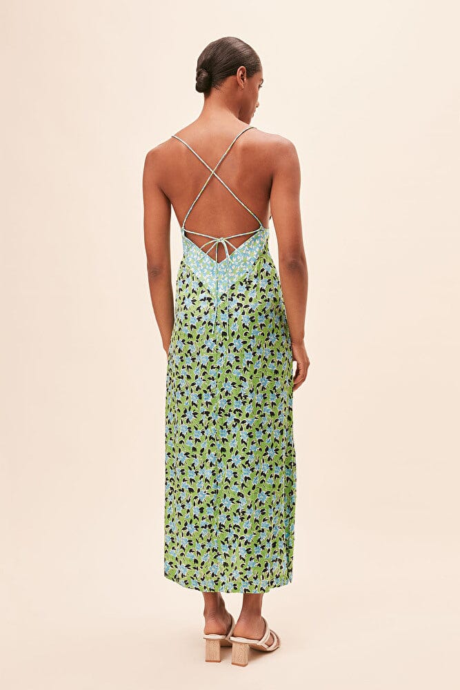 Suncoo Chelsy Backless Satin Slip Dress- Green Floral Print - Styleartist