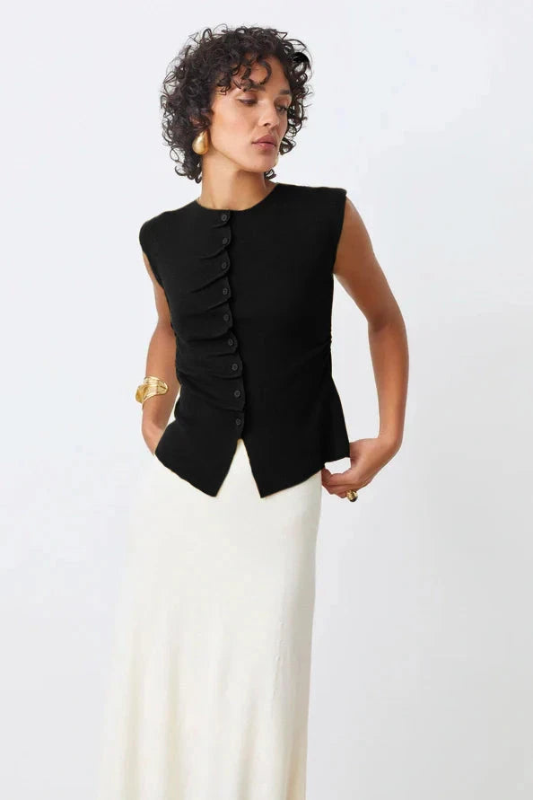 Suncoo Pagni Button Front Sleevless Sweater- Black - Styleartist