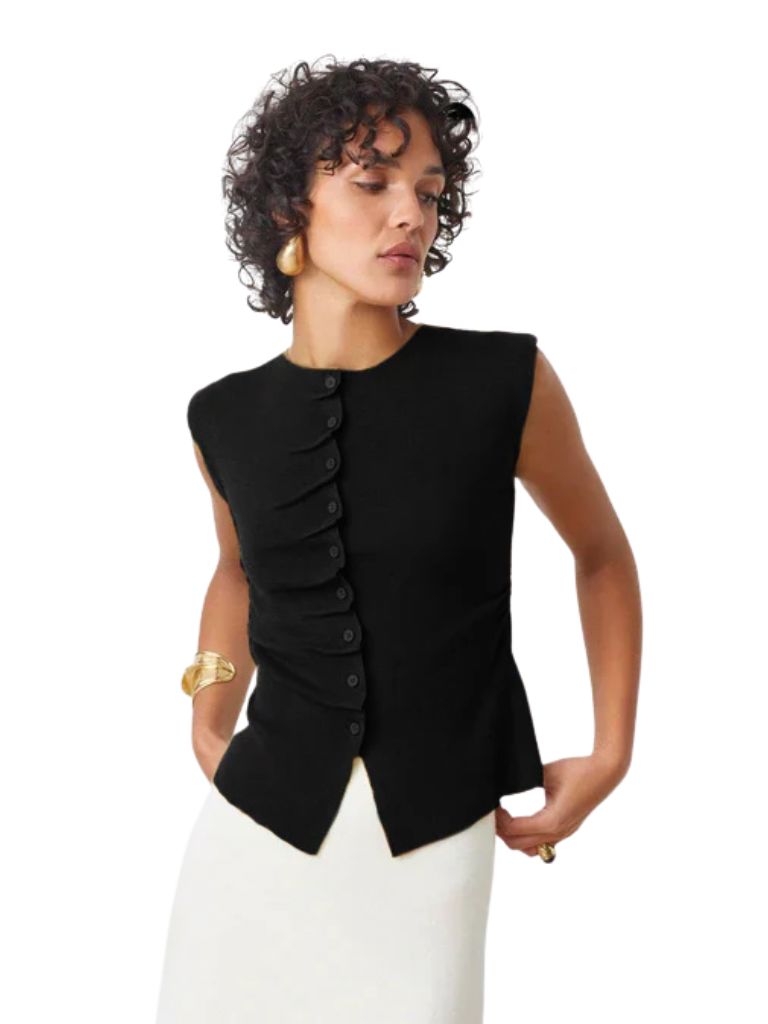 Suncoo Pagni Button Front Sleevless Sweater- Black - Styleartist