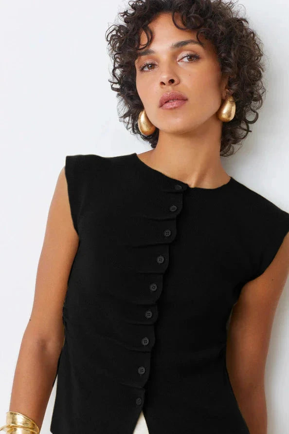 Suncoo Pagni Button Front Sleevless Sweater- Black - Styleartist