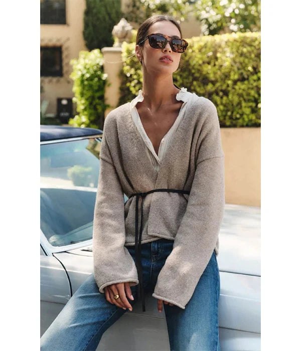 Velvet Alina Marled Knit Belted Cardigan Sweater- Oatmeal - Styleartist