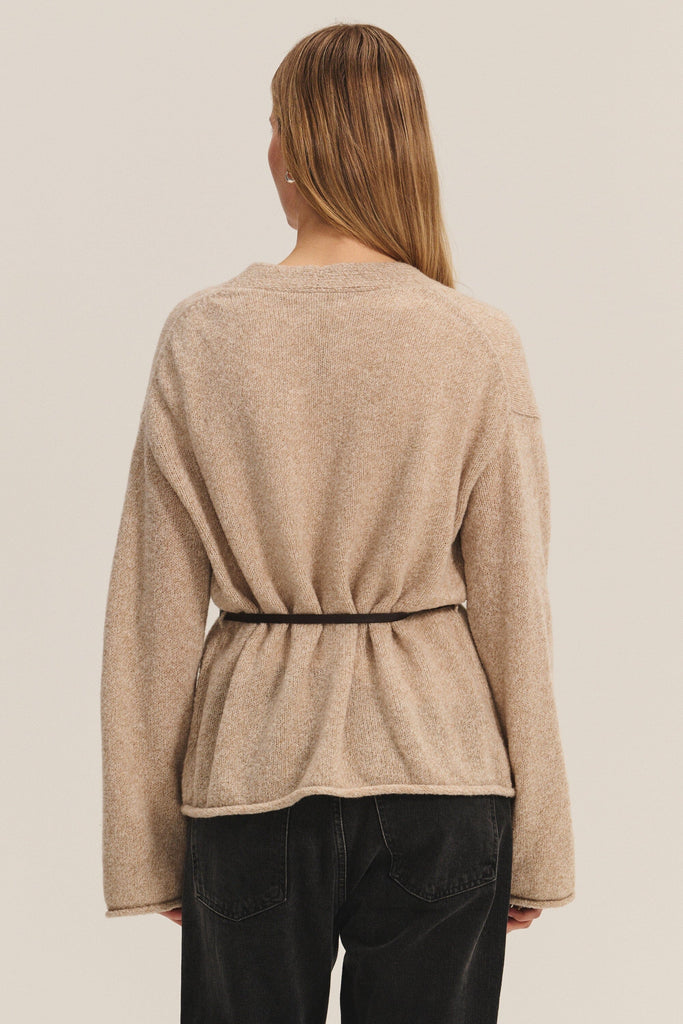Velvet Alina Marled Knit Belted Cardigan Sweater- Oatmeal - Styleartist
