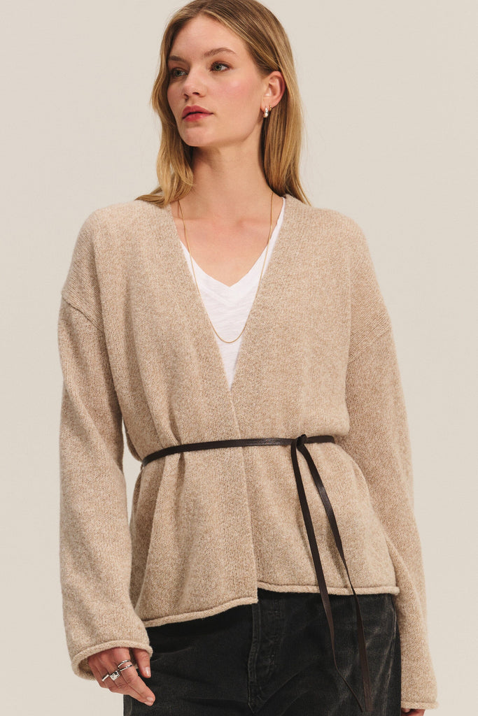 Velvet Alina Marled Knit Belted Cardigan Sweater- Oatmeal - Styleartist