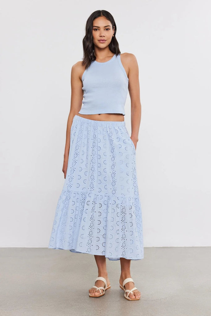 Velvet Amelia Cotton Eyelet Lace Midi Skirt- Island - Styleartist