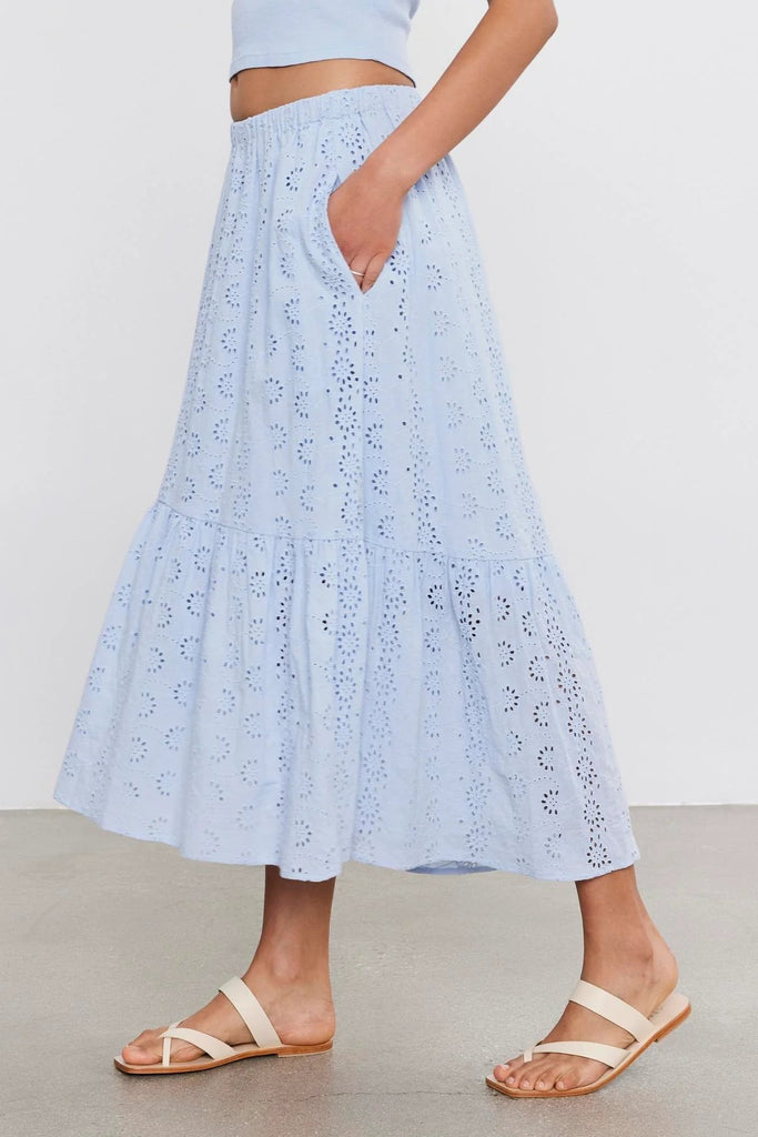 Velvet Amelia Cotton Eyelet Lace Midi Skirt- Island - Styleartist