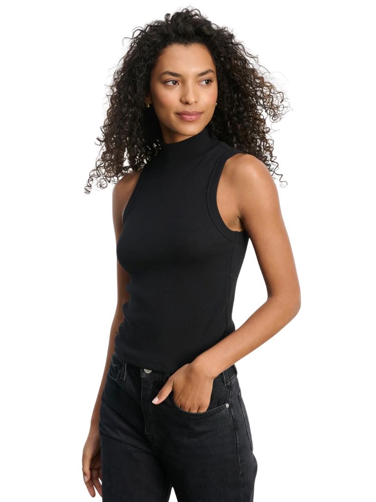 Velvet Cean Rib Poplin Mix Mock Neck Tank Top- Black - Styleartist