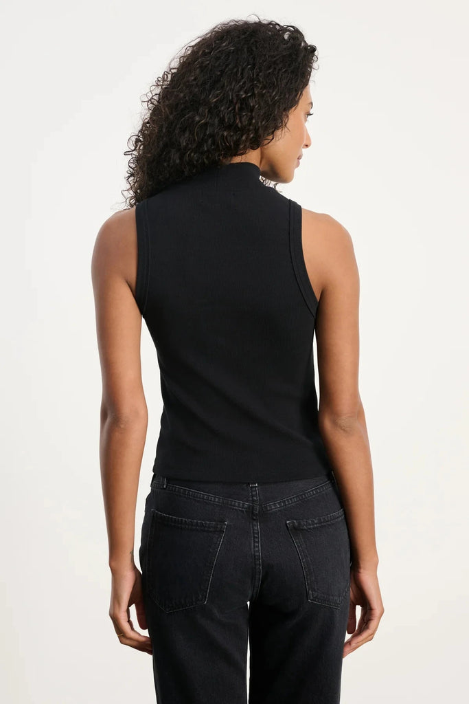 Velvet Cean Rib Poplin Mix Mock Neck Tank Top- Black - Styleartist
