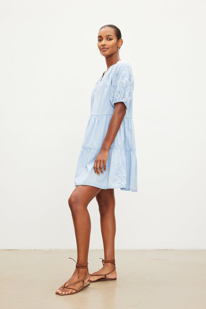 Velvet Chrissy Embroidery Tiered Dress - Chambray - Styleartist