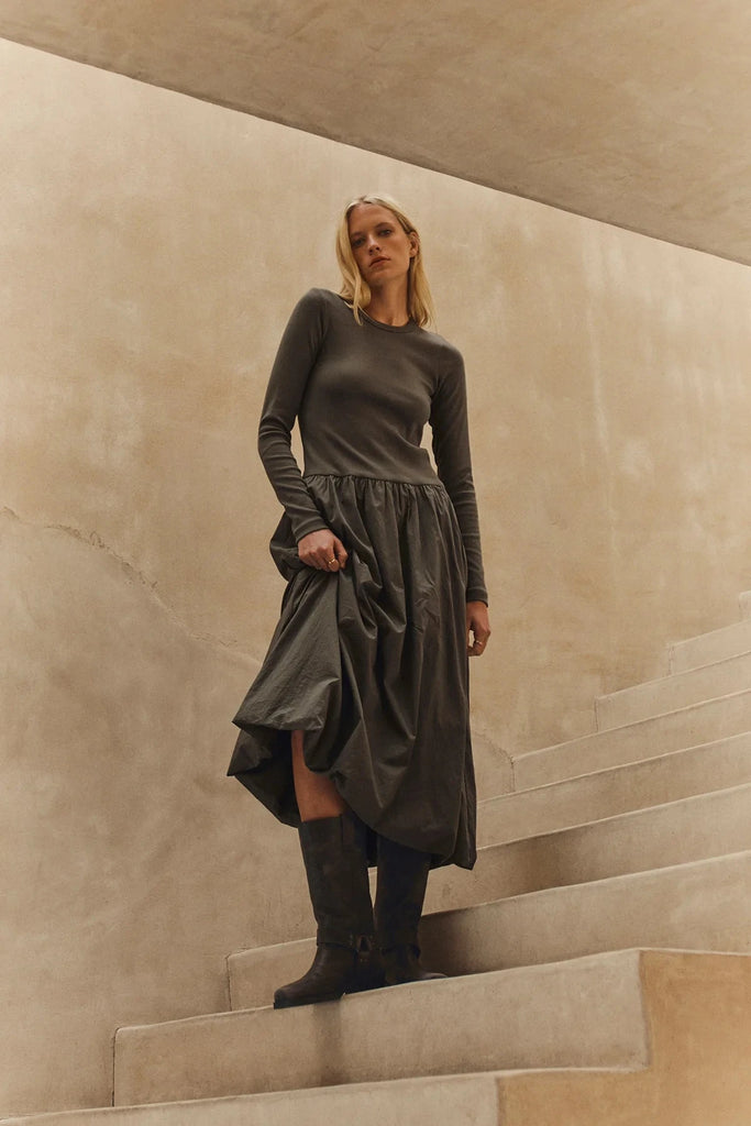 Velvet Dolce Rib Poplin Mix Bubble Hem Dress- Bullfrog - Styleartist