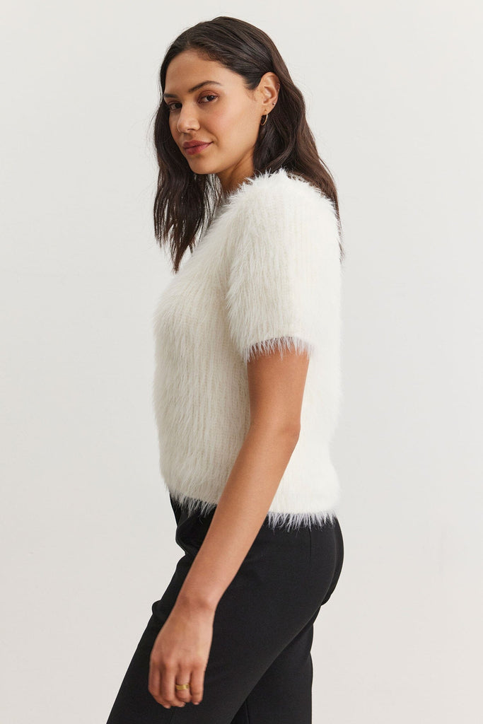 Velvet Eila Novelty Feather Yarn Short Sleeve Sweater - Milk