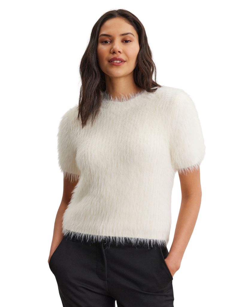 Velvet Eila Novelty Feather Yarn Short Sleeve Sweater - Milk