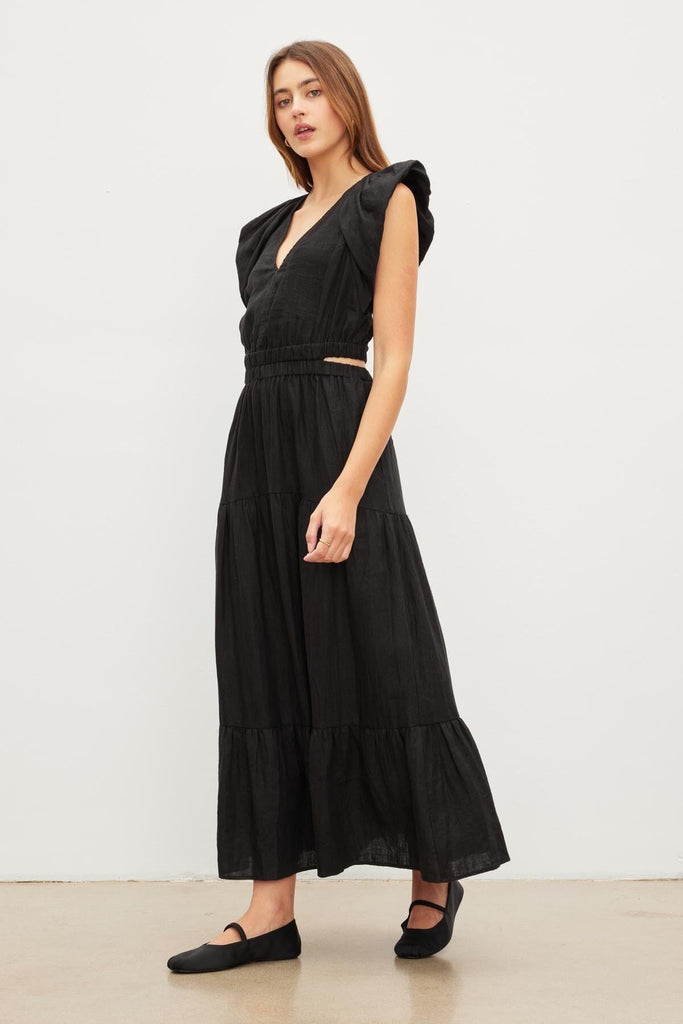 Velvet Ginger Woven Linen Tiered Skirt Dress- Black - Styleartist