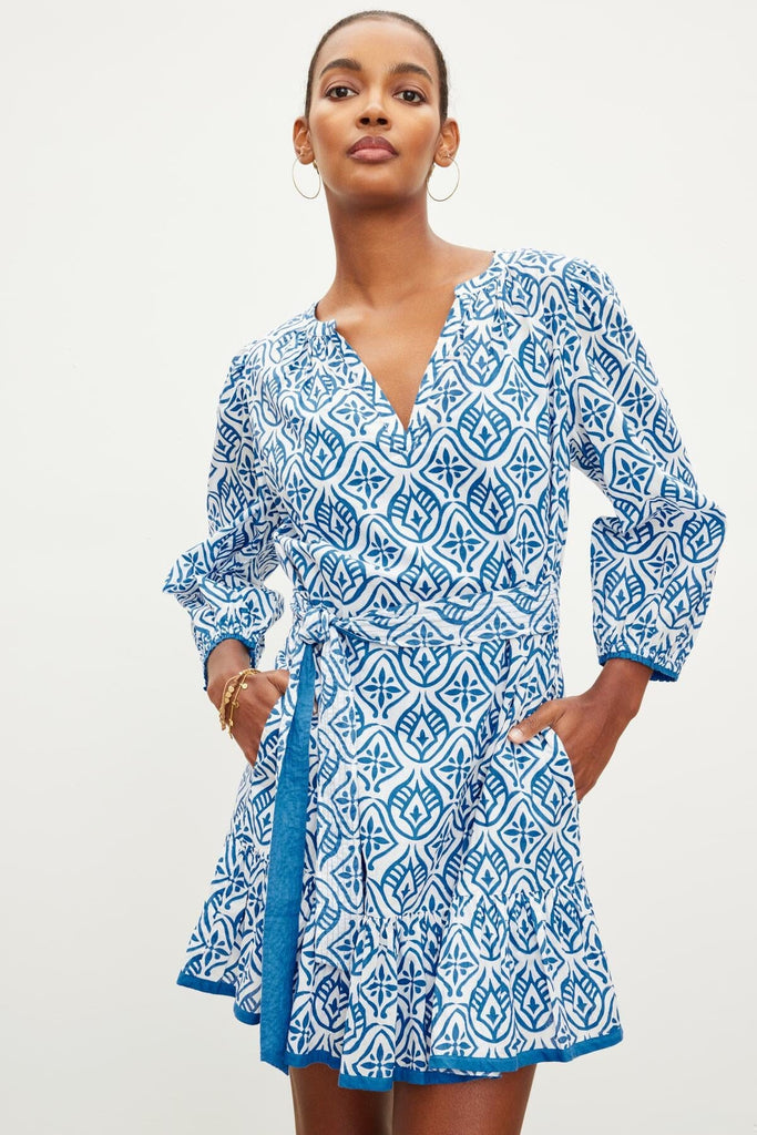 Velvet Kenley Mosaic Cotton Tie Dress- Blue - Styleartist