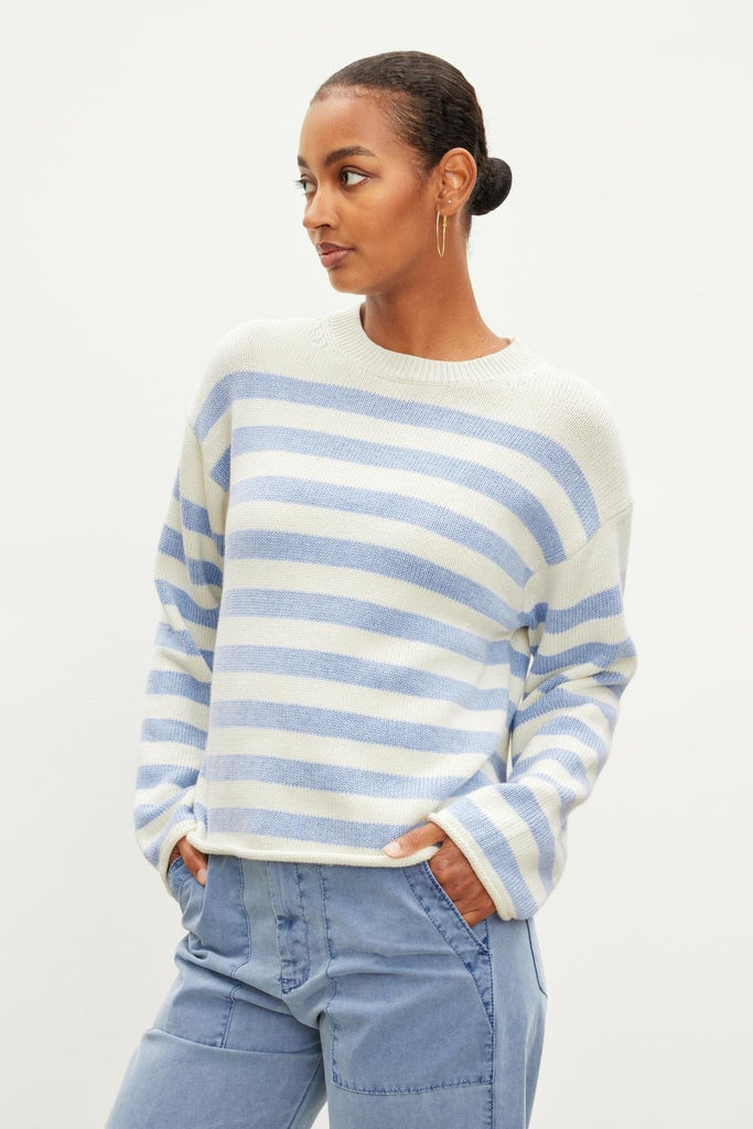 Velvet Lex Cotton Cashmere Long Sleeve Sweater- Milk/Blue - Styleartist