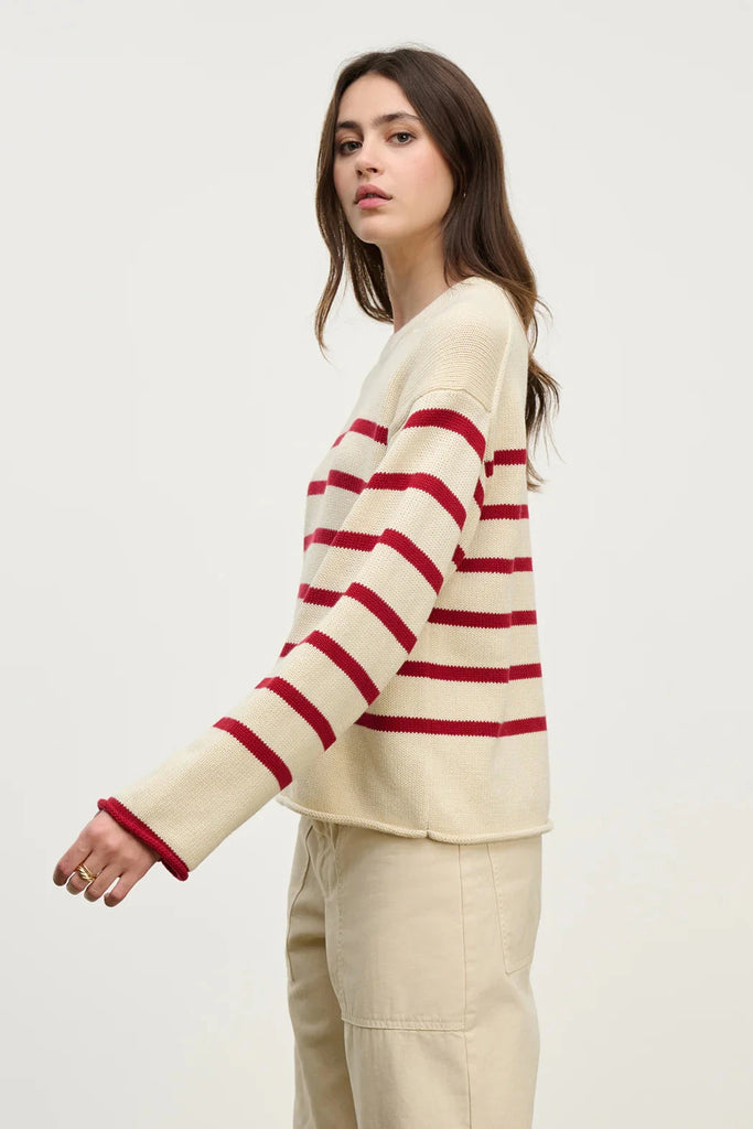 Velvet Lucia Cotton Cashmere Striped Crewneck Sweater- Cream Shiraz - Styleartist