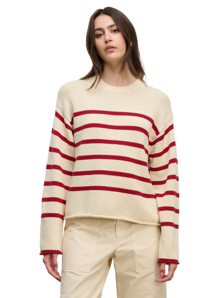 Velvet Lucia Cotton Cashmere Striped Crewneck Sweater- Cream Shiraz - Styleartist