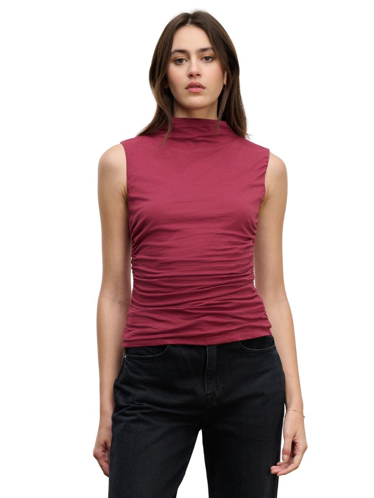 Velvet Madeline Gauzy Whisper Fitted Mock Neck Tank Top- Cherrywood - Styleartist
