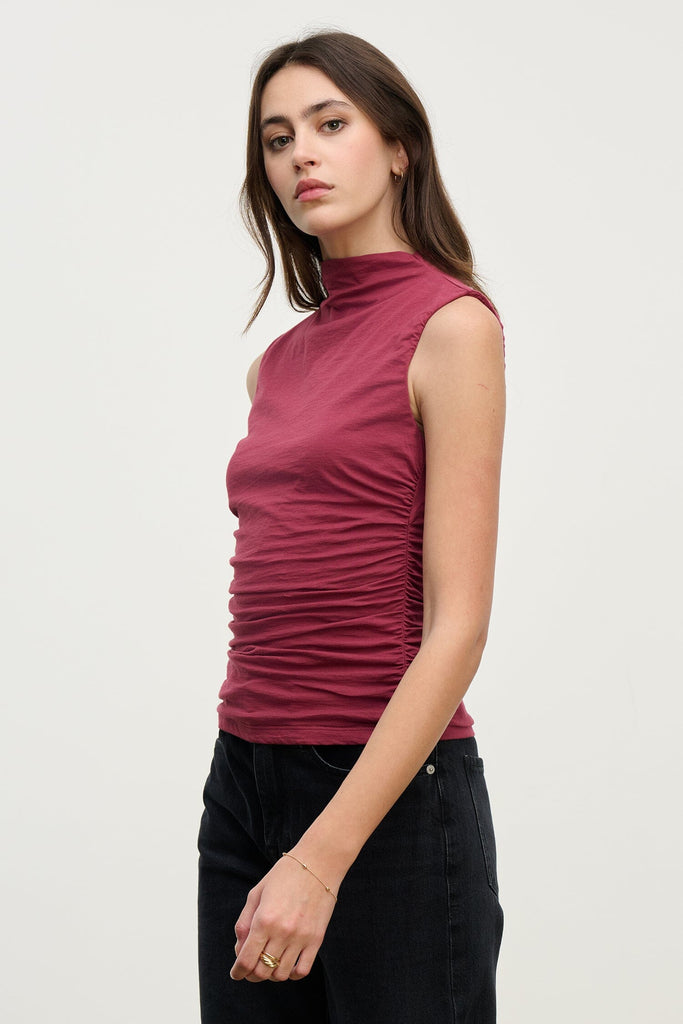 Velvet Madeline Gauzy Whisper Fitted Mock Neck Tank Top- Cherrywood - Styleartist