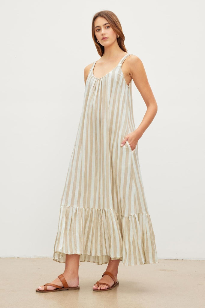 Velvet Meradith Stripe Linen Sleeveless Dress- Khaki - Styleartist