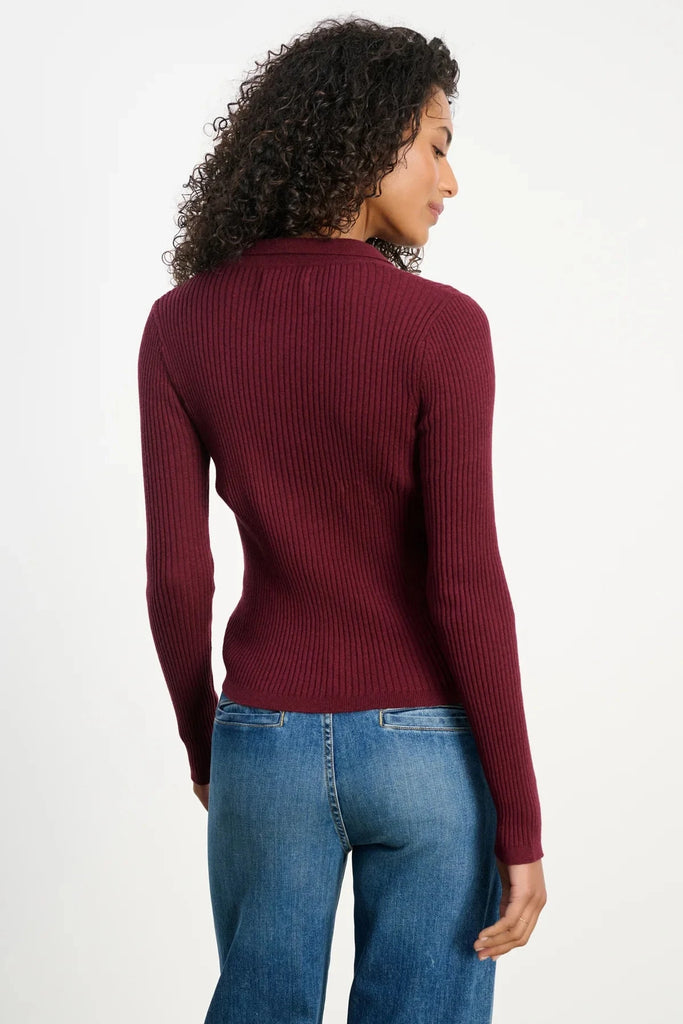 Velvet Nikki Lux Cotton Cashmere Ribbed Collared Cardigan- Syrah - Styleartist