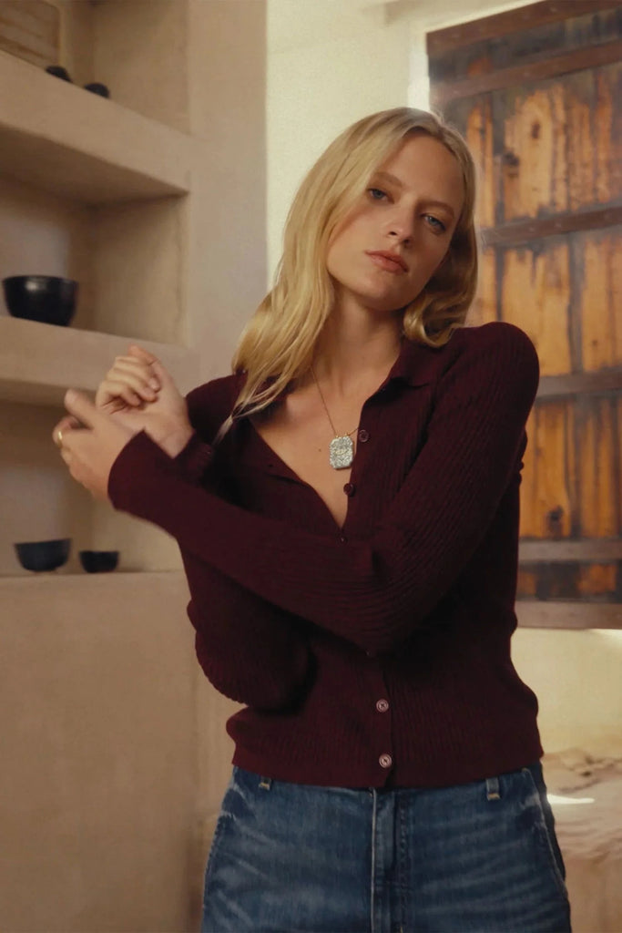 Velvet Nikki Lux Cotton Cashmere Ribbed Collared Cardigan- Syrah - Styleartist