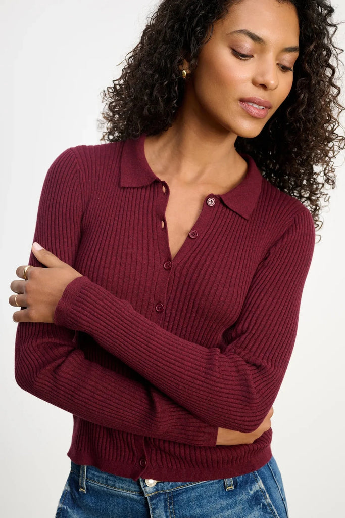 Velvet Nikki Lux Cotton Cashmere Ribbed Collared Cardigan- Syrah - Styleartist