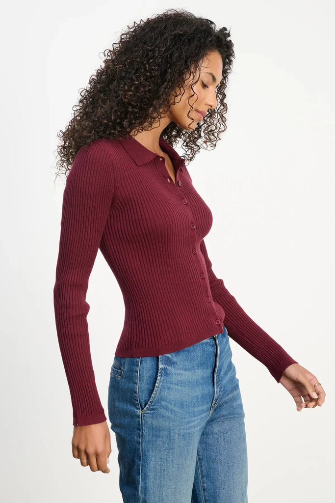 Velvet Nikki Lux Cotton Cashmere Ribbed Collared Cardigan- Syrah - Styleartist
