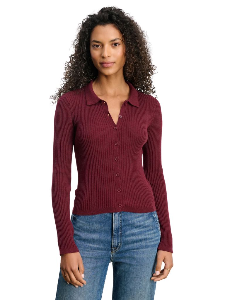 Velvet Nikki Lux Cotton Cashmere Ribbed Collared Cardigan- Syrah - Styleartist