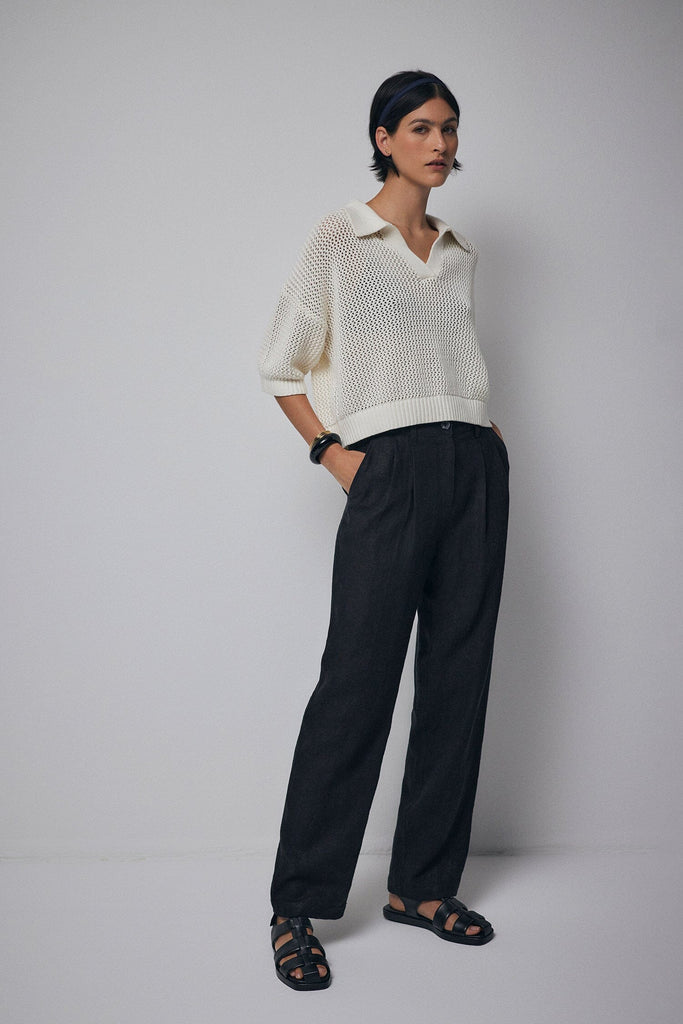 Velvet York Cotton Cashmere Mesh Short Sleeve Polo Top- Milk - Styleartist