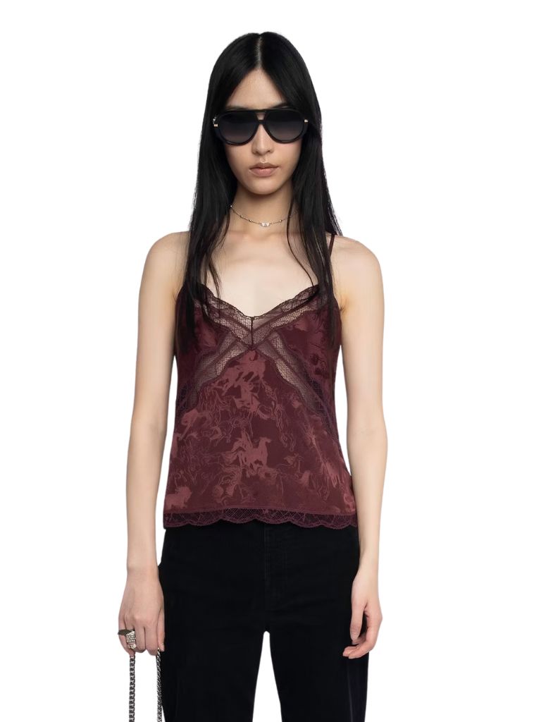 Zadig & Voltaire Cishi Hores Jacquard Silk Camisole- Burgundy - Styleartist