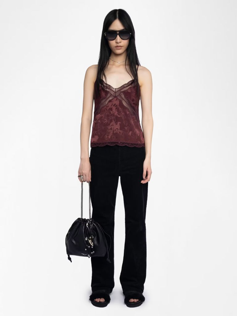 Zadig & Voltaire Cishi Hores Jacquard Silk Camisole- Burgundy - Styleartist