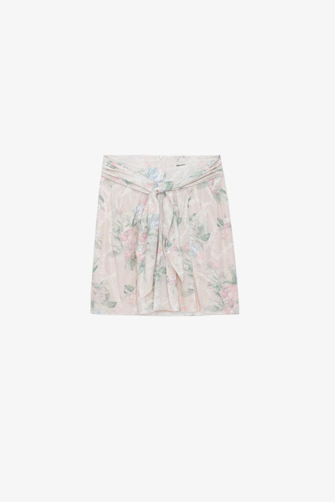 Zadig & Voltaire Joji Floral Jacquard Faded Chains Tie Waist Silk Skirt- Mastic - Styleartist