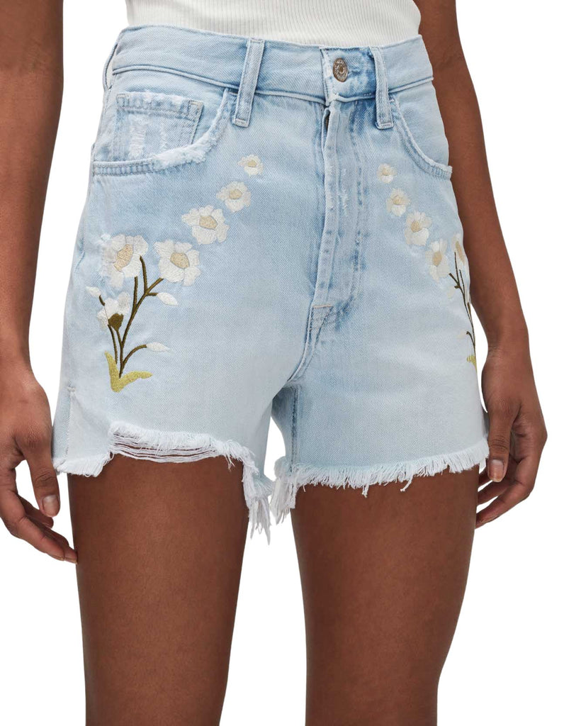 7 For All Mankind Easy Ruby Denim Short With Distress and Embroidery- Sun Blue - Styleartist