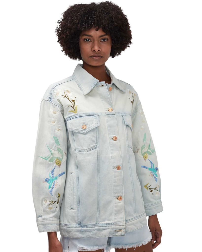 7 For All Mankind Easy Trucker Jean Jacket With Embroidery- Sun Blue - Styleartist