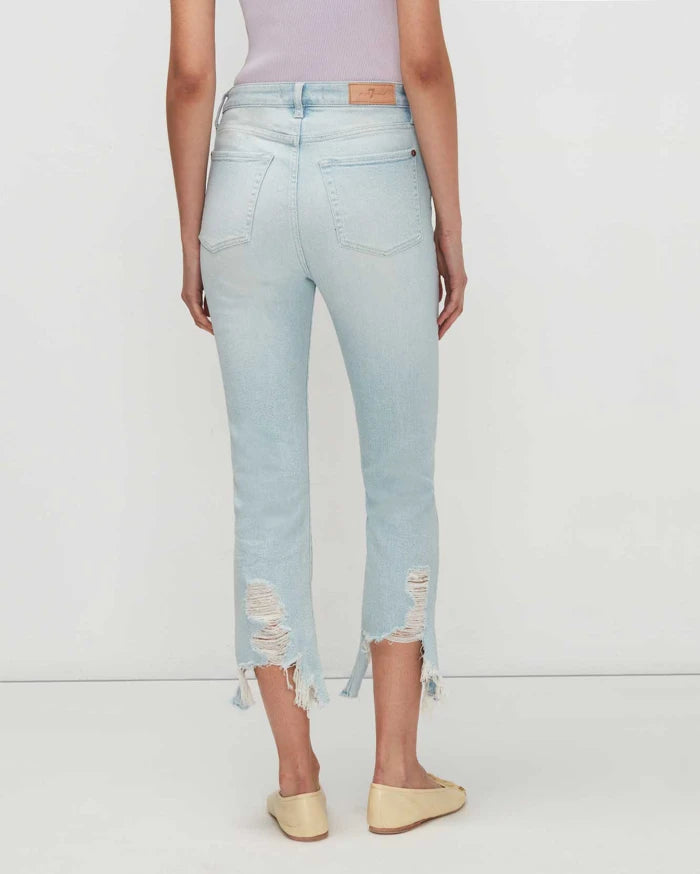 7 For All Mankind Luxe Vintage High Waist Slim Kick With Trashed Hem- Sun Blue - Styleartist