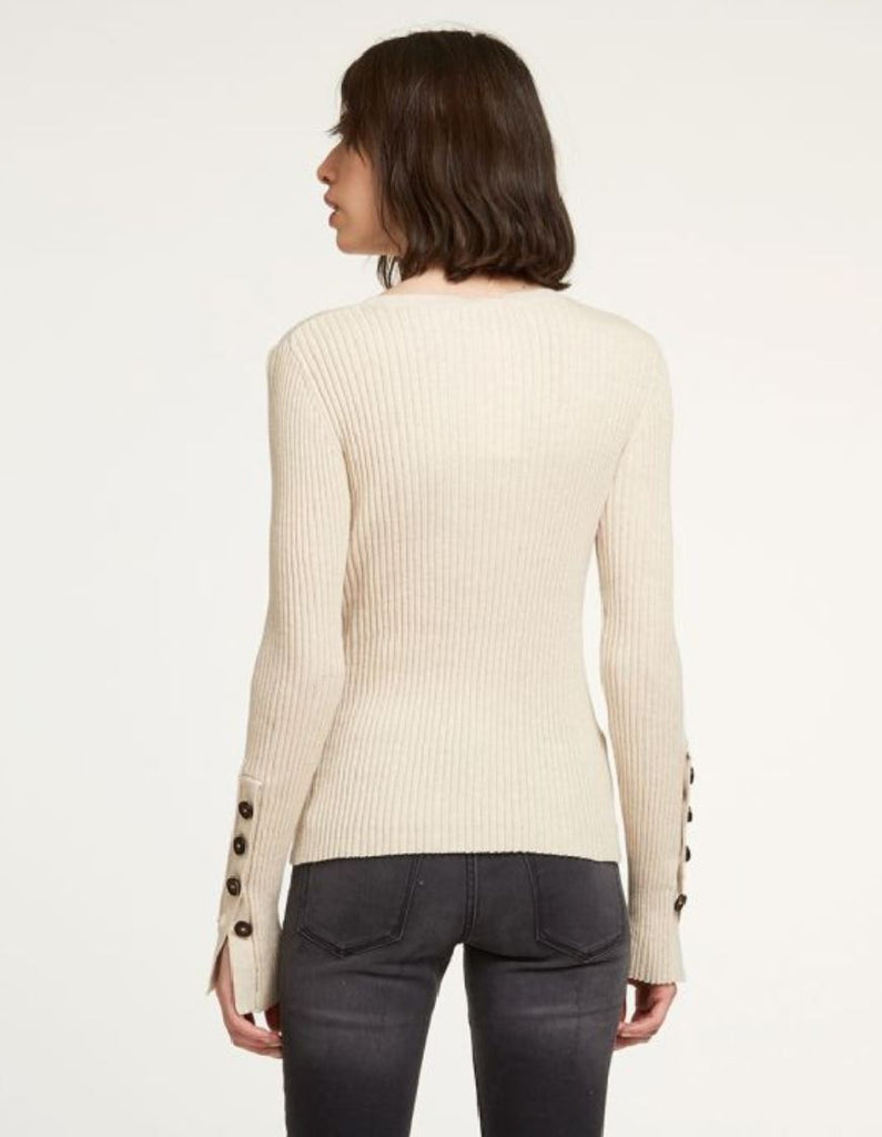 Autumn Cashmere Rib Crew Sweater with Button Cuffs- Natural - Styleartist