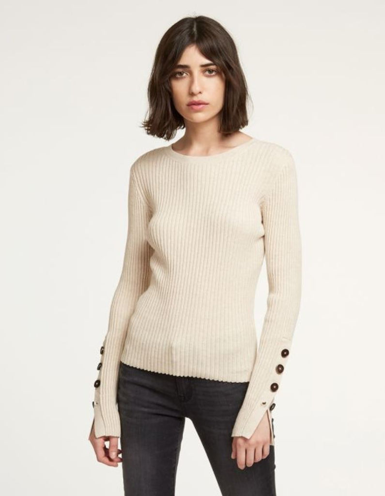 Autumn Cashmere Rib Crew Sweater with Button Cuffs- Natural - Styleartist