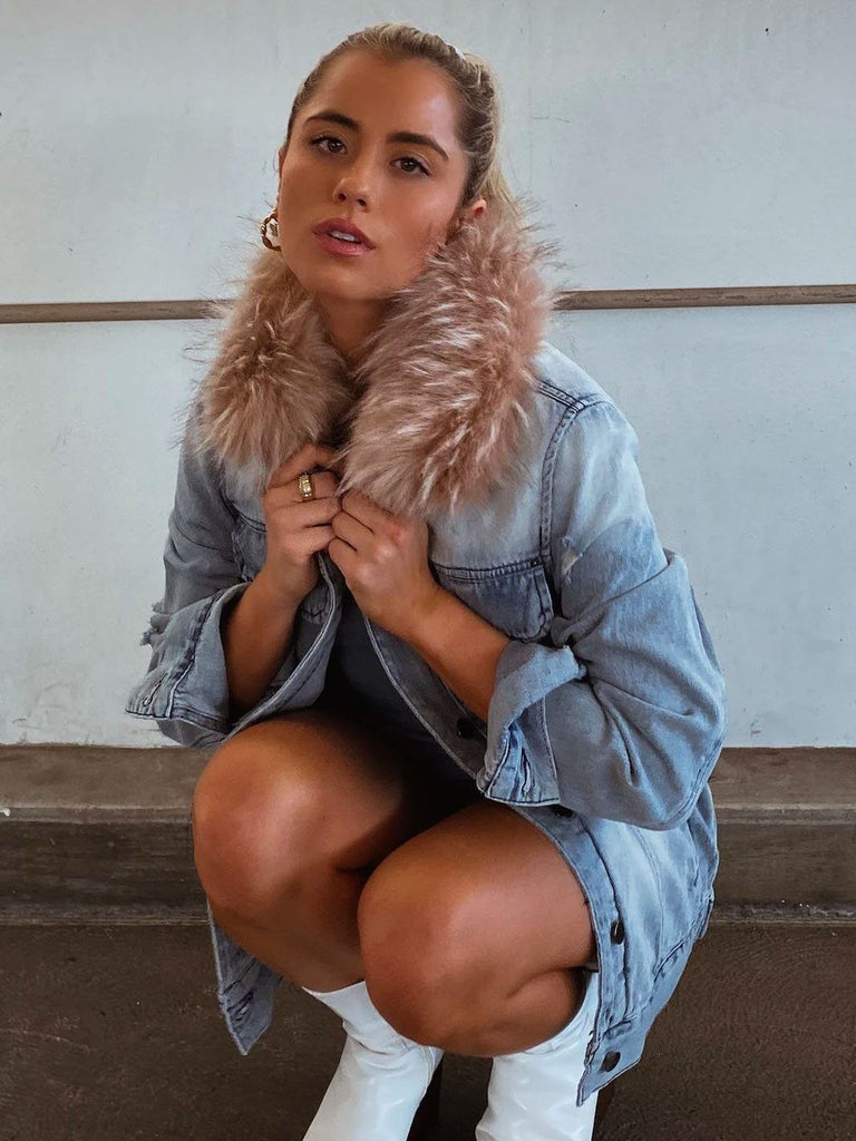Ava and Kris Jane Jean Jacket with Faux Fur Collar- Blue with Dusty Nude Collar - Styleartist