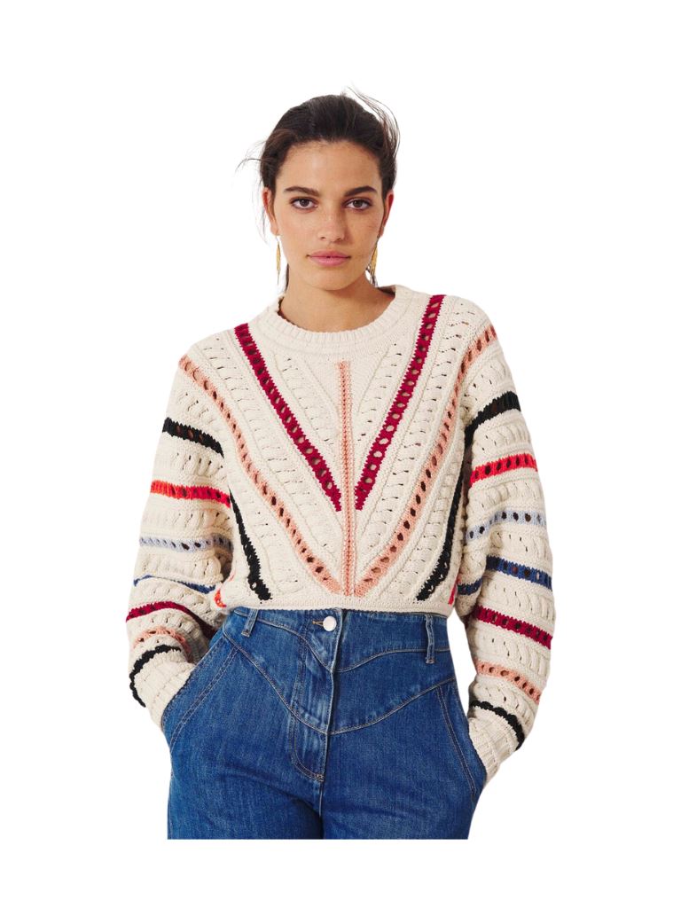 Ba&sh Gardy Striped Cropped Sweater - Ecru - Styleartist