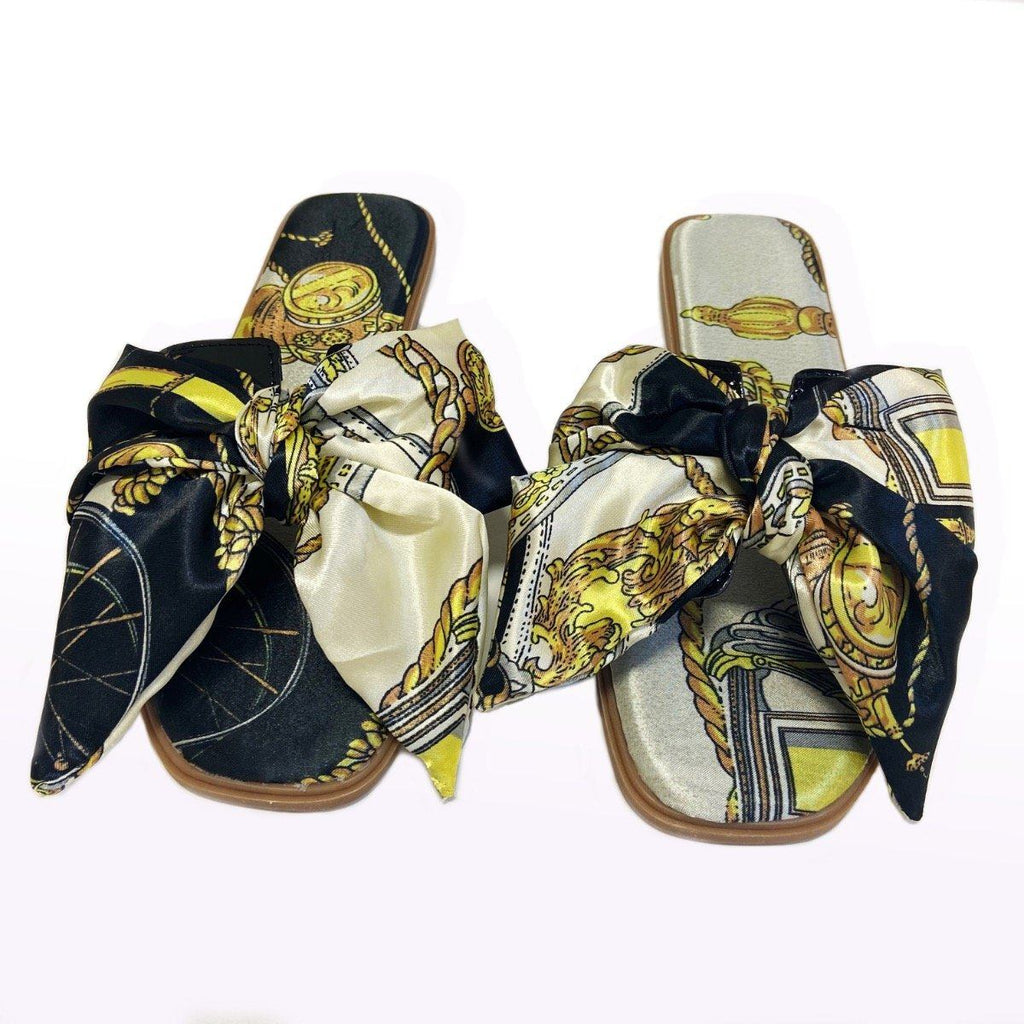 Bow Scarf Print Slides- Black - Styleartist