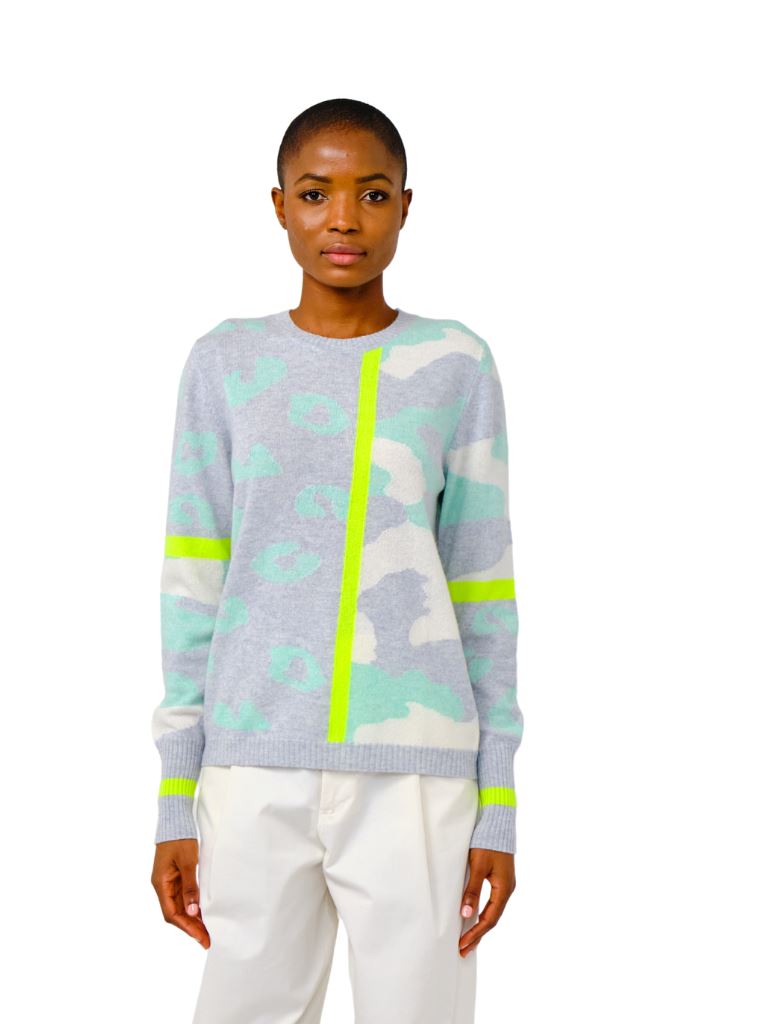 Brodie Fine Cashmere Ava Camo Sweater- Super Grey/Aqua Mint - Styleartist