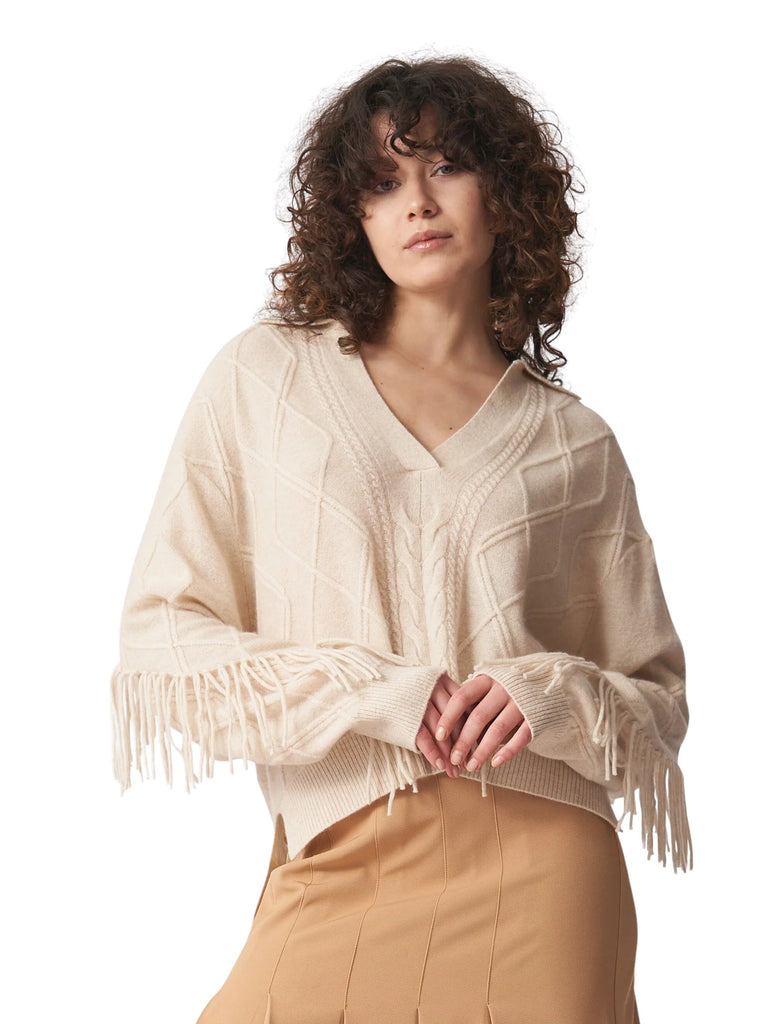 Brodie Fine Cashmere Eliza Cable Polo Sweater- Antique White - Styleartist