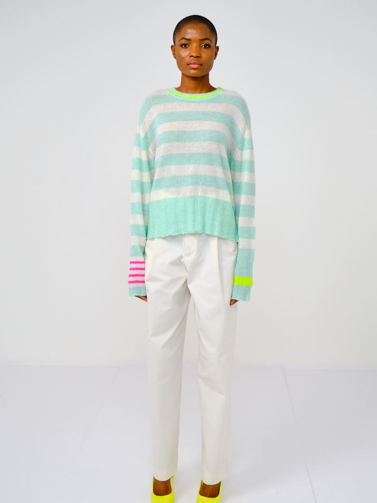 Brodie Fine Cashmere Oceana Stripe Sweater- Apple Mist/Organic White - Styleartist
