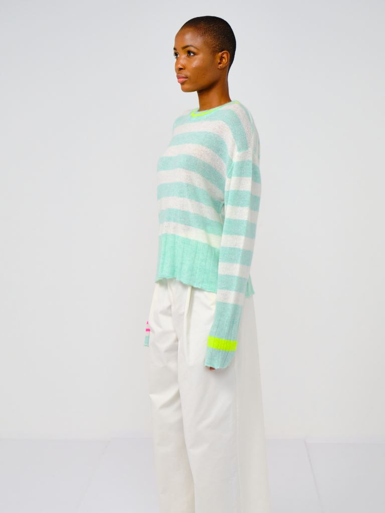 Brodie Fine Cashmere Oceana Stripe Sweater- Apple Mist/Organic White - Styleartist