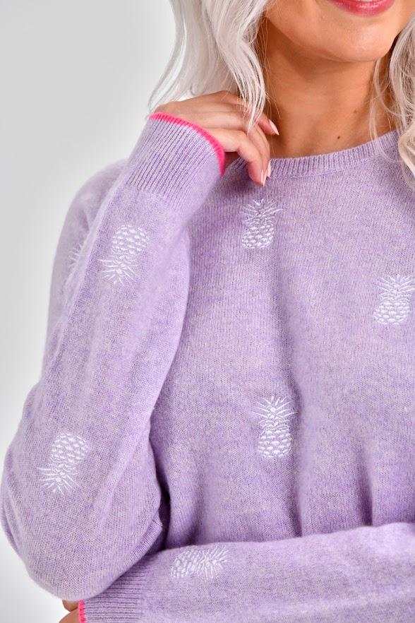 Brodie Fine Cashmere Pia Pineapples Top- Lavender White Embroidery - Styleartist
