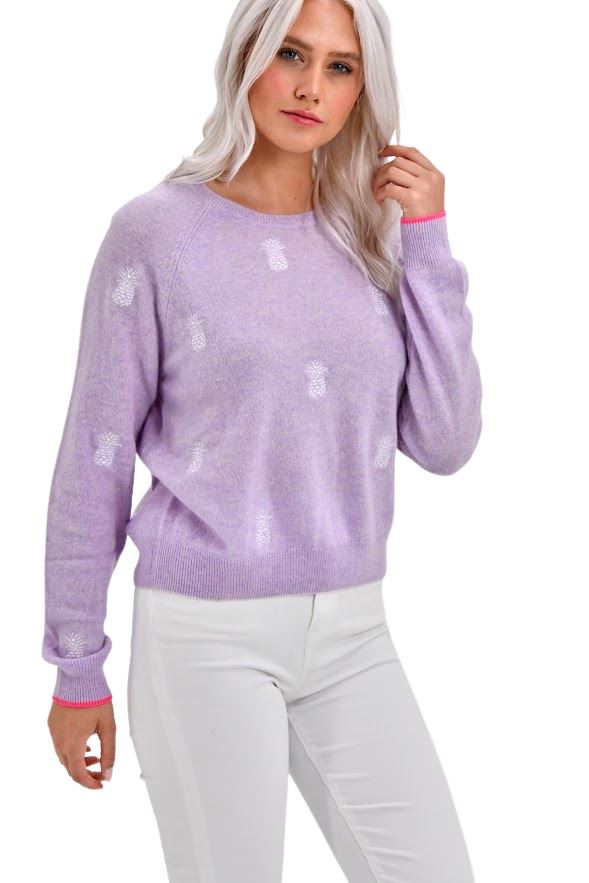 Brodie Fine Cashmere Pia Pineapples Top- Lavender White Embroidery - Styleartist