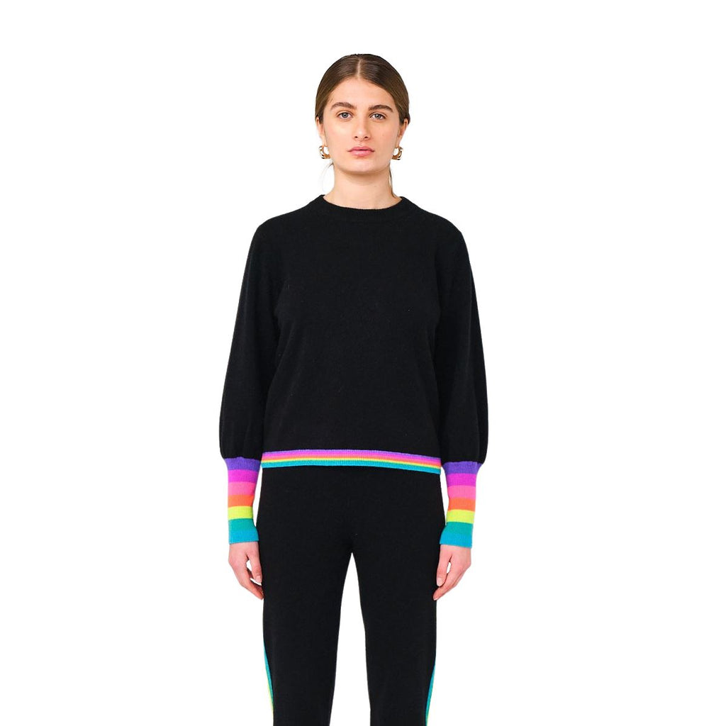 Brodie Fine Cashmere Rainbow Cuff Balloon Sleeve Top - Black/Stripes Periwinkle - Styleartist
