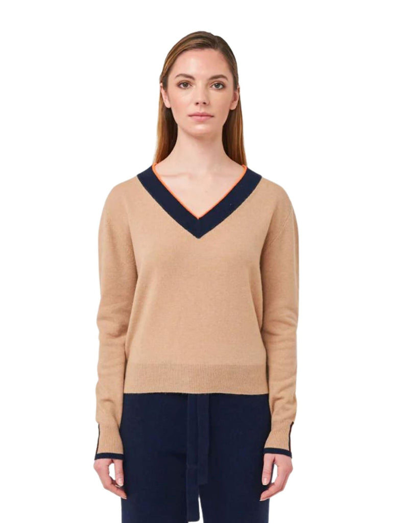 Brodie Fine Cashmere Regatta Varsity V Neck Sweater - Camel/Navy Neon Orange - Styleartist